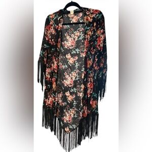 Surf Gypsy Black Floral Fringe Kimono